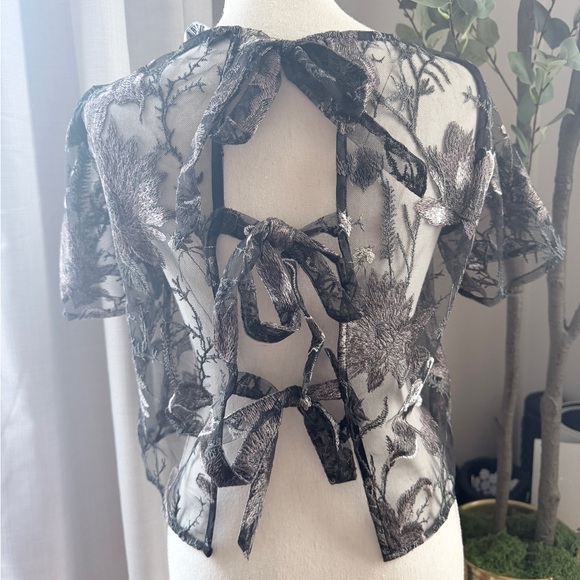 Disturbia Sheer Black Floral Embroidered Short-Sleeve Top US2 - Picture 3 of 5